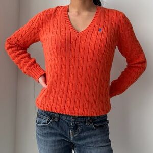 1990s Ralph Lauren Sport Orange V-Neck Cable Knit Jumper - Large
